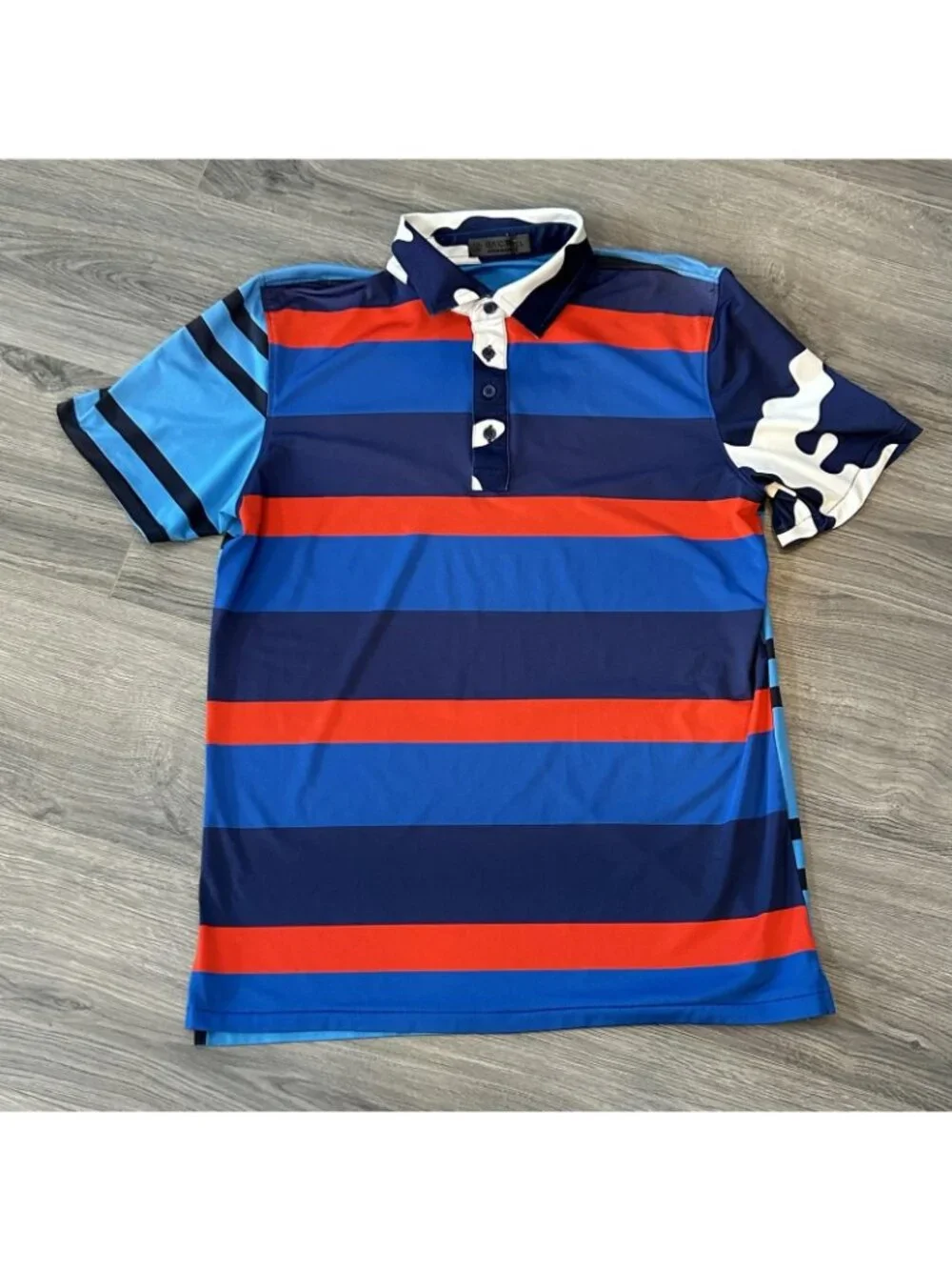 G/FORE Polo Shirt Mens L Blue Stripe Camo Summit Crown Golf Performance Stretch